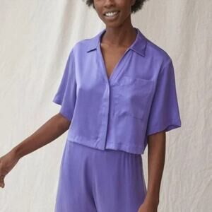 LUNYA Washable Silk Cropped Button Up Pajama Top Purple size XS